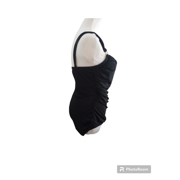 Merona Ladies Medium Black Sexy One Piece Swimsuit Ruched Tummy Hiding Gold - Picture 2 of 8